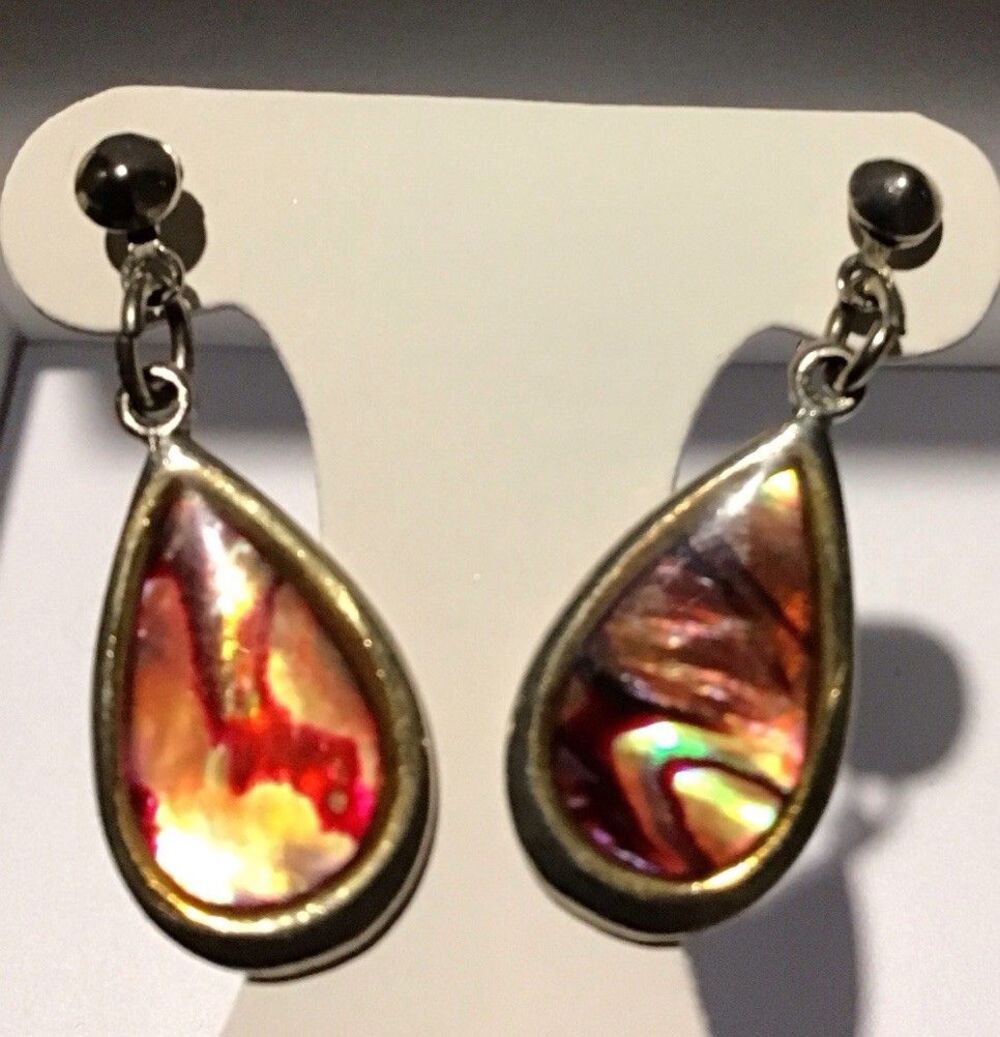 Iridescent Ammolite Earrings Red/Orange Color Changers, Teardrop Shape Boho Chic - Picture 4 of 8